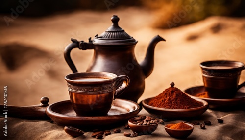 An inviting scene with a traditional coffee pot, cups, and spices like cinnamon and cocoa on a sandy surface