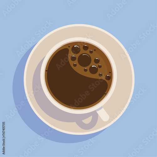 coffee cup with plate  over sky blue  background flat style foam top view aerial