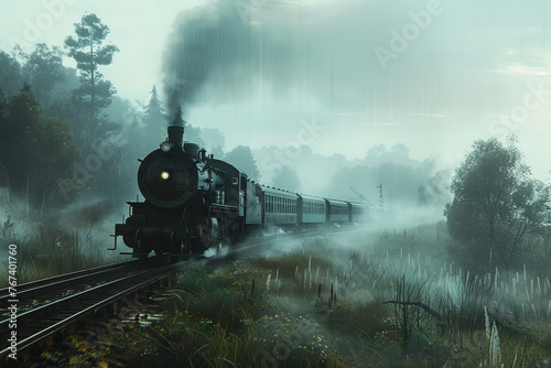 Misty Dawns Early Light on a Vintage Steam Train Journey Banner