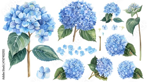 Large set of clouds of blue hydrangea flowers and leaves. Isolated elements hand-drawn in watercolor. Generative Ai