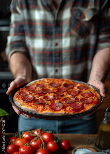 Man Holding Classic Pepperoni Pizza Fresh from the Oven