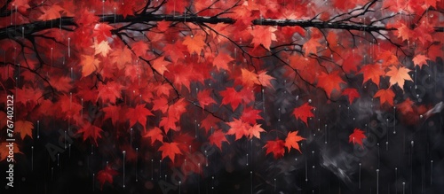 A plant with red leaves on a twig in the rain, surrounded by a natural landscape of orange tints and shades, under a cloudy sky