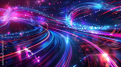 High speed effect motion blur night lights blue and red. Futuristic neon light line. bright sparkling background. Purple glowing wave swirl, impulse cable lines. Long time exposure. Generative Ai