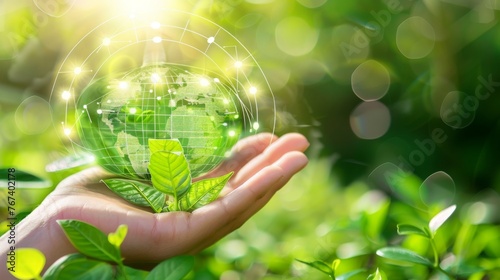 Hand Holding Green Globe with Glowing Network