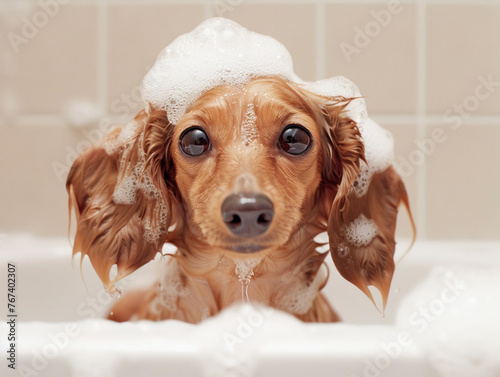 Cute dachshund taking a bath photo