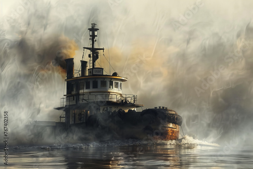 Majestic Tugboat Cutting Through Misty Waters at Dawn Banner