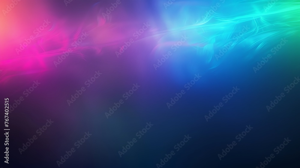 Neon blur glow. Color light overlay. Disco illumination. Defocused blue pink green ultraviolet radiance soft texture on dark abstract empty space background. Generative Ai