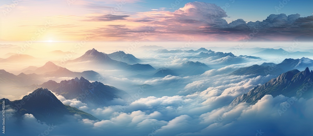 Capture the beauty of a mountain range as the sun sets, painting the sky with hues of orange and pink among the clouds
