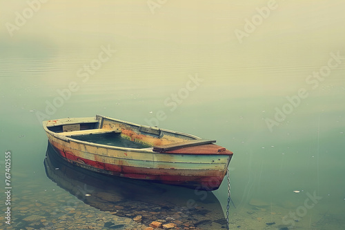 Serene Waters and Abandoned Boat: A Quiet Reflection Banner