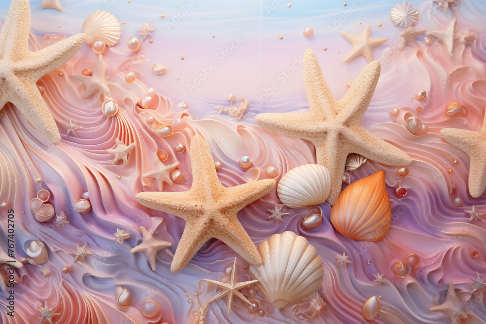 Starfish and seashells painting on beach Starfish and seashells painting on beach