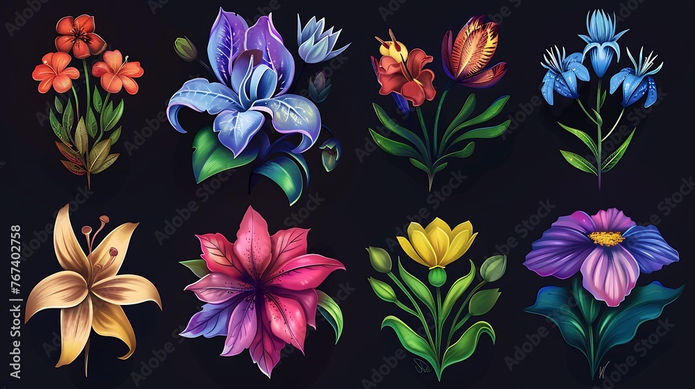 Set of different fantasy flowers. illustration of flowers. Generative Ai