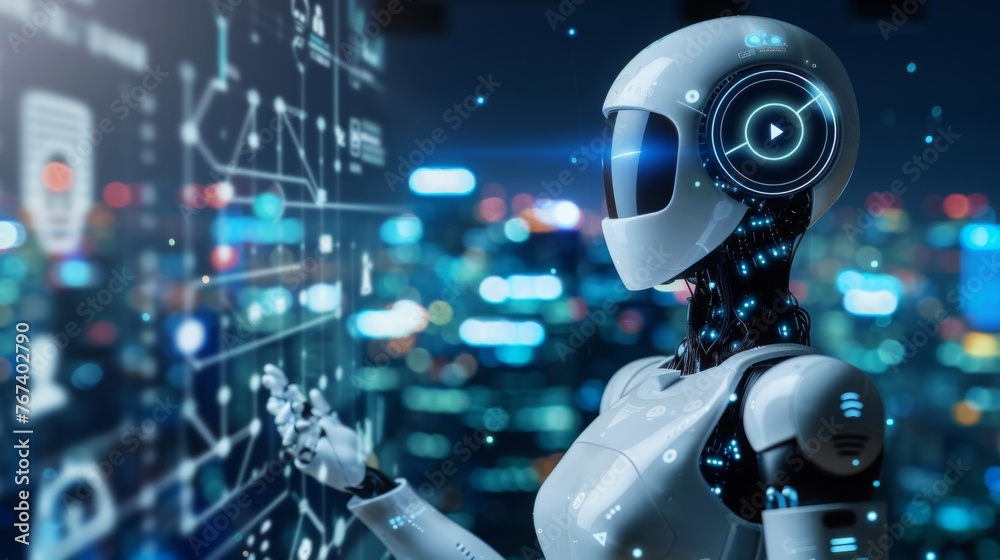 Futuristic AI Robot Interacting with Digital Interface Futuristic AI Robot Interacting with Digital Interface