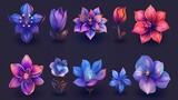 Set of different fantasy flowers. illustration of flowers. Generative Ai