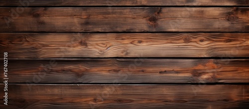 A detailed closeup of a brown hardwood plank wall with a blurred background, showcasing the intricate wood stain pattern and brickwork