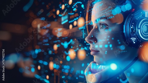 Woman with Headphones Immersed in Digital Data Stream