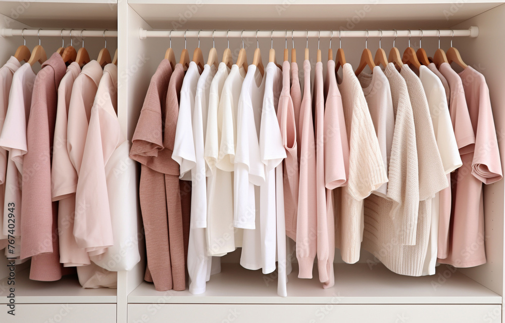 white, beige and pink clothes lay on shelves and hang on wooden