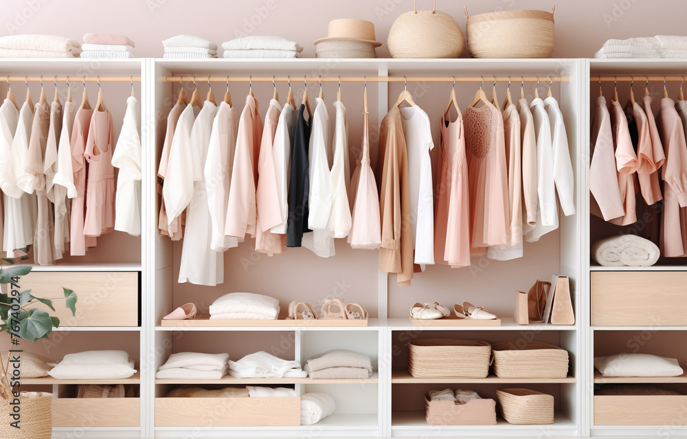 white, beige and pink clothes lay on shelves and hang on wooden