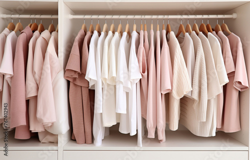 white, beige and pink clothes lay on shelves and hang on wooden © Oleksiy