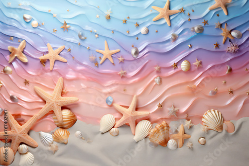 Seashells and starfish on a beach