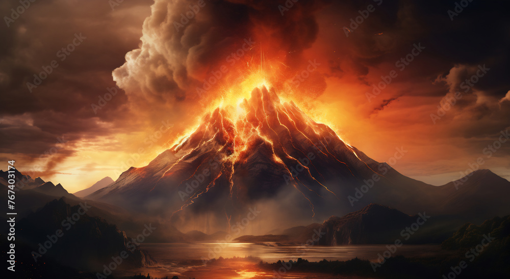 Volcano rising above lake