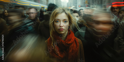 Focused woman stands still as a blur of city life rushes by, capturing a moment of calm in urban chaos