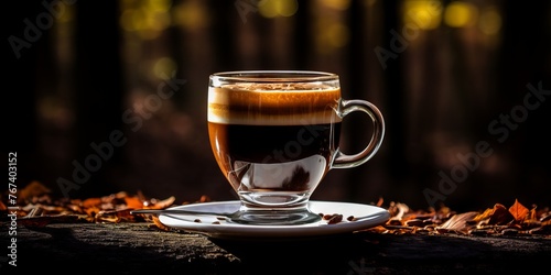 Black espresso coffee in a transparent glass cup. Delicious strong caffeinated drink photo