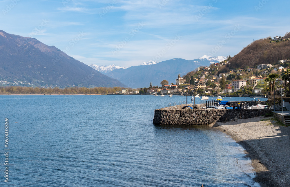 Landscape of Lake Maggiore from the beach of Vira Gambarogno, Ticino, Switzerland