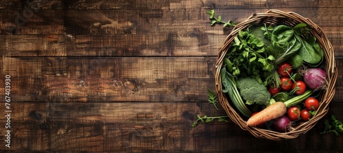 Organic vegetables and herbs in wicker basket on neutral background, with space for text. Lifestyle. Farming. For poster banners, web, ads, backgrounds, wallpapers