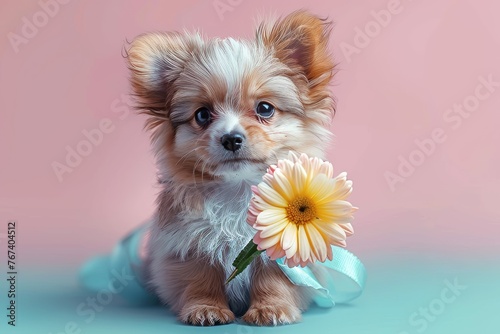 Whimsical Puppy Embracing Spring With a Delicate Gerbera Daisy on Pastel Background