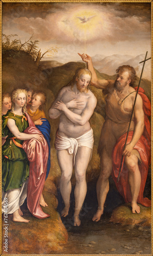 MILAN, ITALY - MARCH 7, 2024: The painting of Baptism of Jesus in the church Basilica di Sn Lorenzo Maggiore by Carlo Urbino da Crema and  Bernardino Campi from 16. cent. 