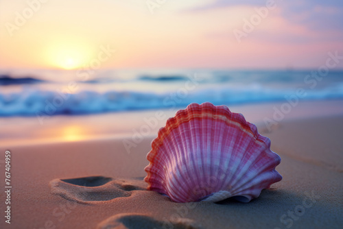 A pink shell on a sandy beach at sunset