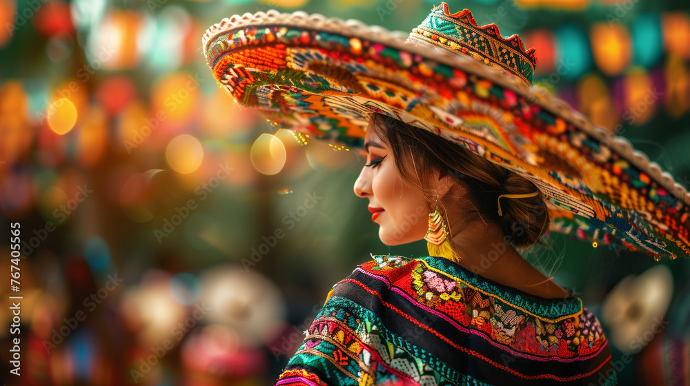 Cinco de Mayo. Elegant Mexican woman in traditional costume with festive bokeh lights