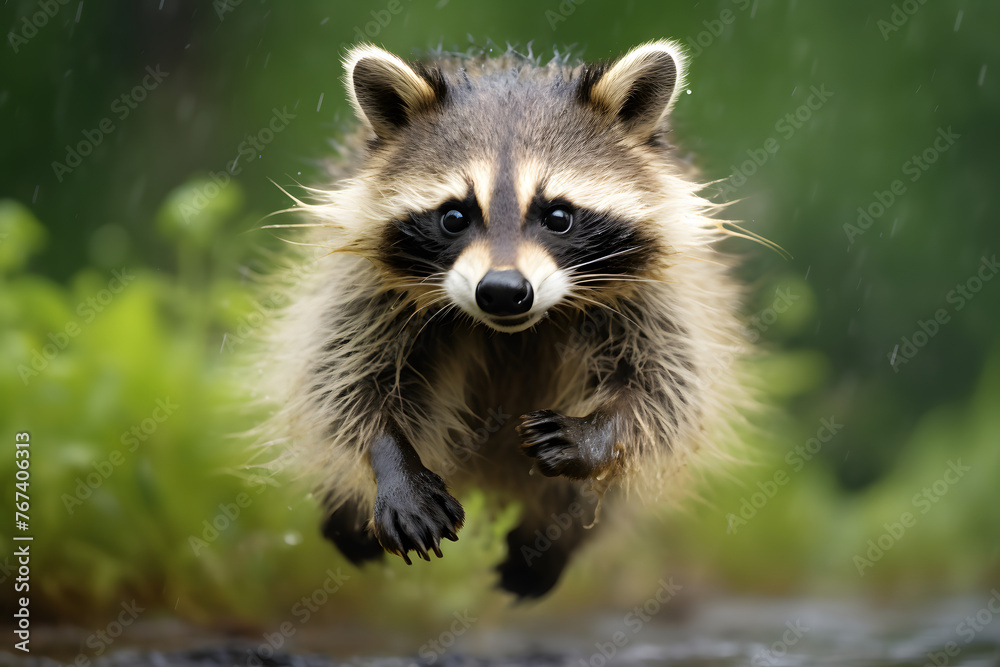 running raccoon with motion blurred background, running raccoon, animal
