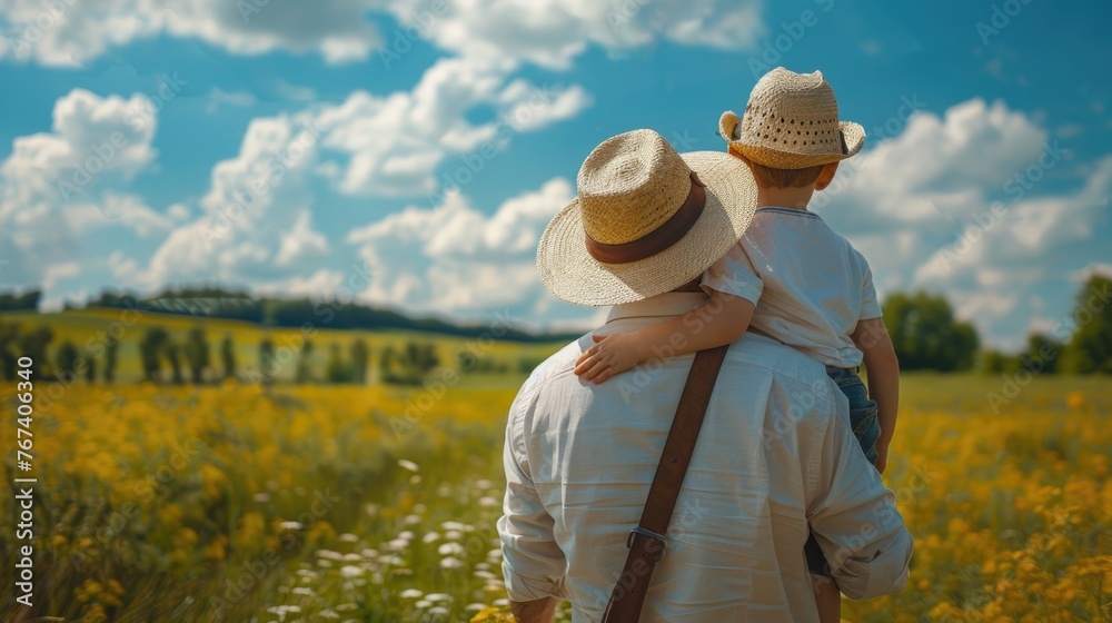 happy family concept of of relaxing father picture holding kid over shoulder walking in green field in the morning sunrise.