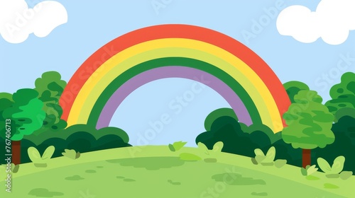  a drawing of a rainbow in the middle of a green field with trees and a blue sky in the background.