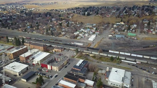 Aerial of rail yard in Livingston, Montana