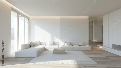 Modern minimalist living room interior with clean lines and neutral colors.