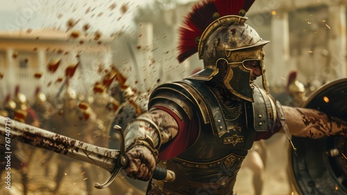Roman soldier fighting with his sword in a battle created with Generative AI