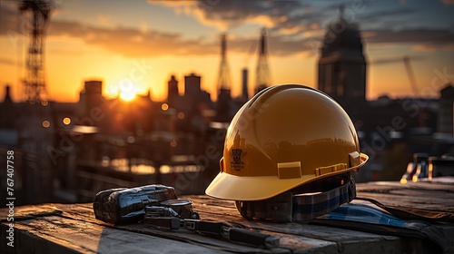 Workmans yellow safety helmet for construction site with concrete flooring in the city emphasizing safety for engineers or workers safety first with copyspace for text, Generation AI.