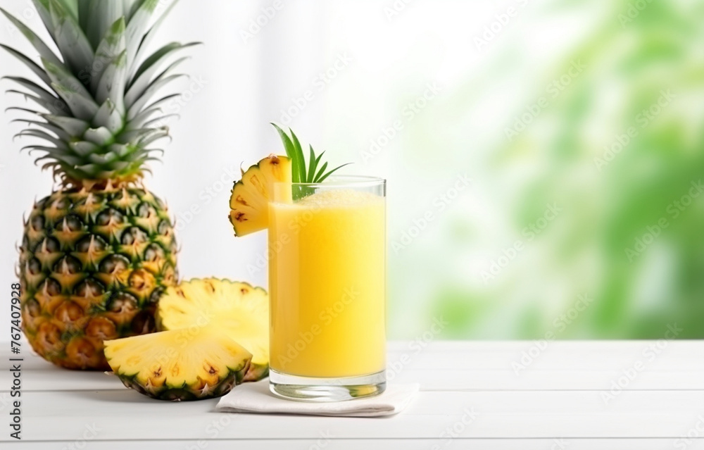 Glass pineapple juice and pineapple slices for healthy breakfast Glass pineapple juice and pineapple slices for healthy breakfast