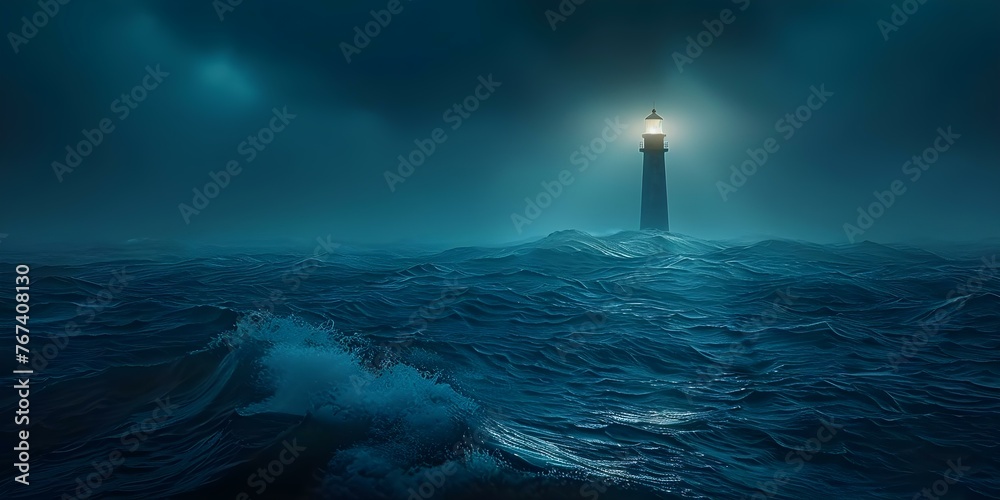 An old lighthouse shines a guiding light against a dark seascape offering hope and safety to sailors. Concept Architecture, Light Symbolism, Nautical History, Seascapes, Navigation - obrazy, fototapety, plakaty 