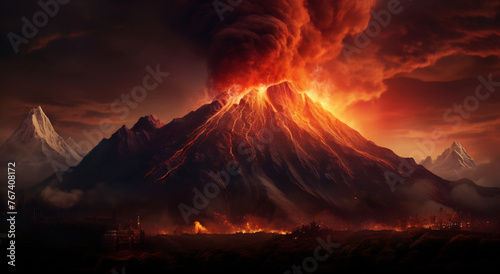Massive volcano erupting lava into sky