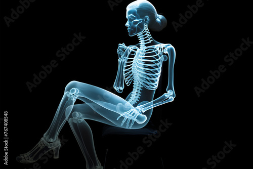 Skeleton sitting on black background photo