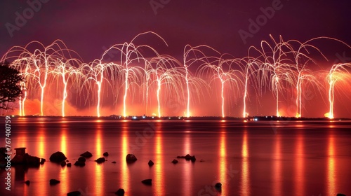  a large group of fireworks are lit up in the night sky over a body of water with rocks in the foreground.