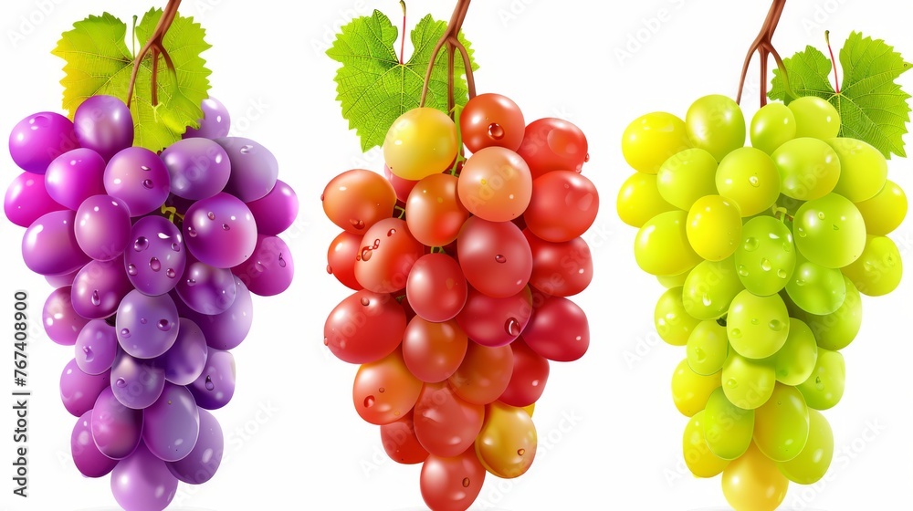 three bunches of grapes hanging from a vine with green leaves and red, purple, yellow, and green leaves. three bunches of grapes hanging from a vine with green leaves and red, purple, yellow, and green leaves.