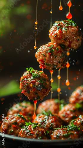 Succulent Glazed Meatballs with Herb Garnish in Mid-Air