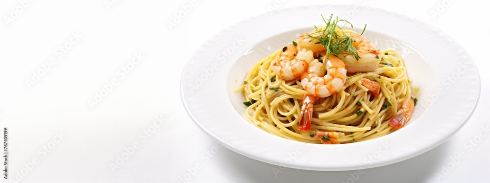plate of spaghetti with shrimp isolated on white plate of spaghetti with shrimp isolated on white
