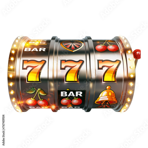 Glowing, classic, casino slot machine reel with lucky number seven win the jackpot money.