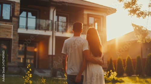 Young couple in love on the background of a beautiful house at sunset. Rent and purchase of real estate concept 