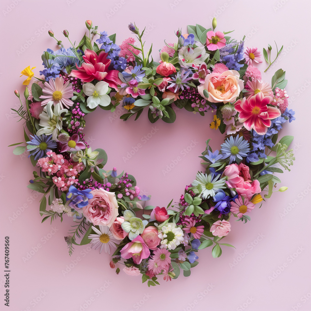 heart shape wreath of flowers.Minimal creative spring nature concept.Flat lay